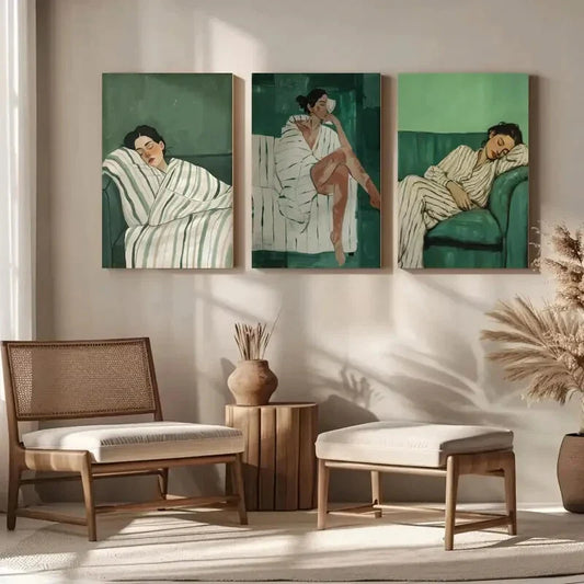 3pcs Emerald Green Abstract Minimalist Metal Print Ready to Hang Art