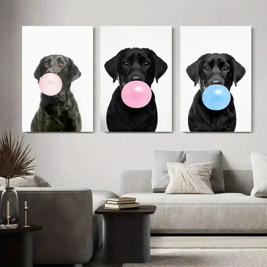 3pcs Black Labrador with Bubblegum Triptych Metal Print Ready to Hang Art
