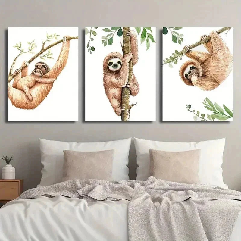 3pcs Wildlife Sloth Watercolor Decor Wall Art Set Canvas Framed 40x60cm - High Quality Print 100% Australian Made Wall Canvas Ready to Hang