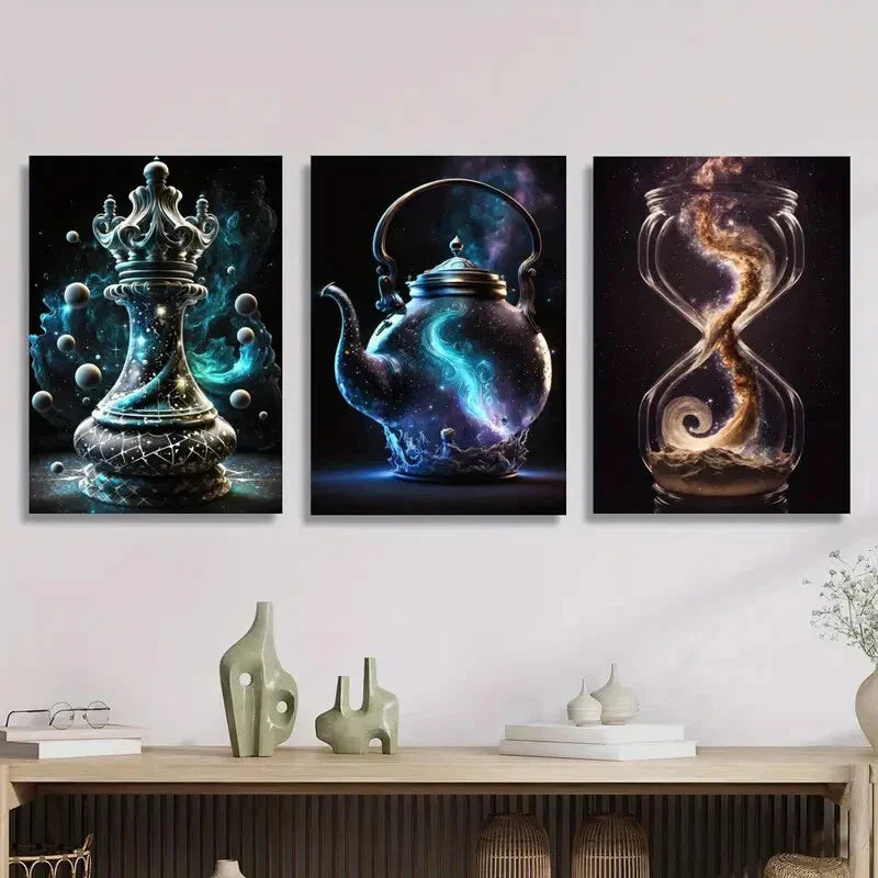 3pcs Fantasy art, magic container chess, teapot Wall Art Set Canvas Framed 40x60cm - High Quality Print 100% Australian Made Wall Canvas Ready to Hang