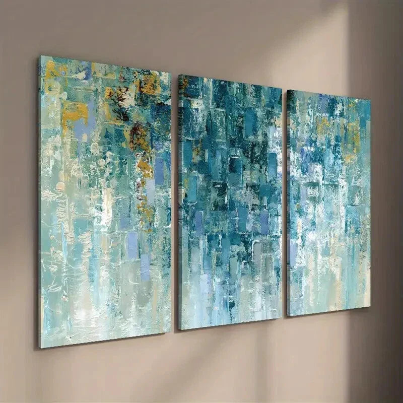 3pcs Abstract Geometric Golden and Cyan Texture Wall Art Set Canvas Framed 40x60cm - High Quality Print 100% Australian Made Wall Canvas Ready to Hang
