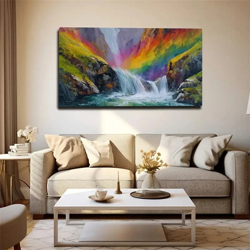 Rainbow & Waterfall Valley Land Wall Art Canvas Office Home Room Framed 120x60cm