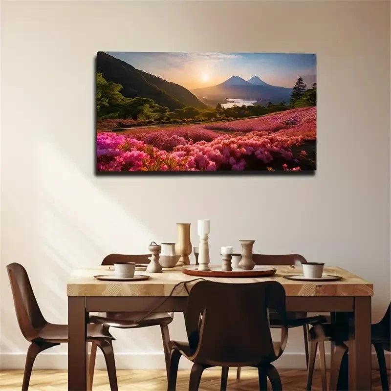 Flowers All Over Mountains Wall Art Canvas Office Home Room Framed 80x45cm