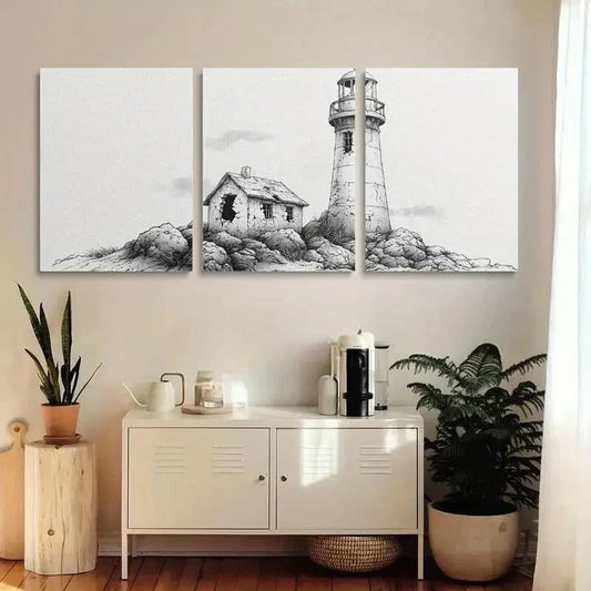3pcs Vintage Lighthouse Black & White Ink Metal Print Ready to Hang Art