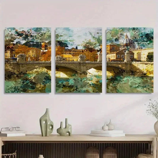 3pcs Roman Bridge Watercolor Painting Abstract Metal Print Ready to Hang Art