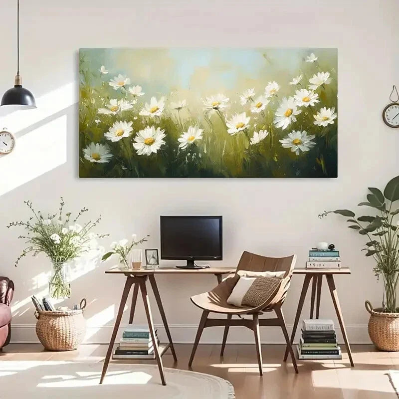 Vibrant White Daisies in Golden Wall Art Canvas Office Home Room Framed 80x45cm