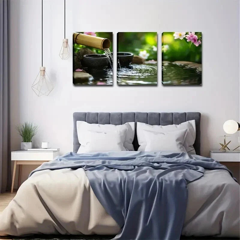 3pcs bamboo flow blooming flowers next to water Wall Art Set Canvas Framed 40x60cm - High Quality Print 100% Australian Made Wall Canvas Ready to Hang
