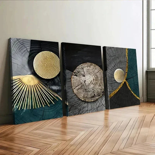3pcs Abstract Art Tree Rings Modern Golden Blue Wall Art Set Canvas Framed 40x60cm - High Quality Print 100% Australian Made Wall Canvas Ready to Hang