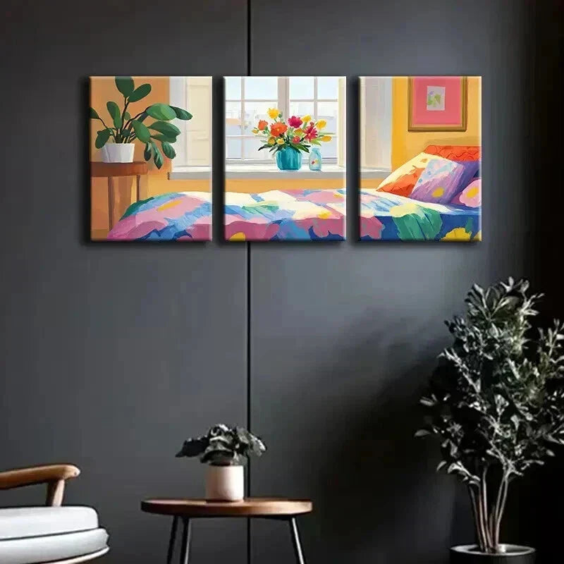 3pcs Bedroom with Window Illustration Perfect Wall Art Set Canvas Framed 40x60cm - High Quality Print 100% Australian Made Wall Canvas Ready to Hang