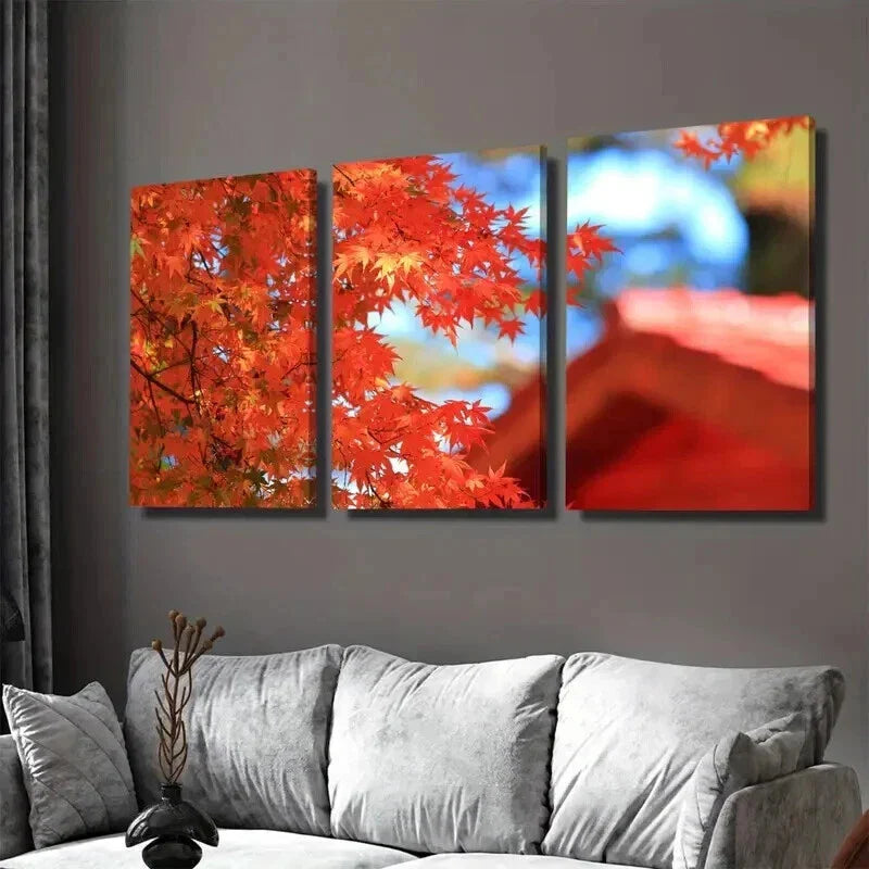 3pcs Autumn Red Maple Leaves Triptych Wall Art Set Canvas Framed 40x60cm - High Quality Print 100% Australian Made Wall Canvas Ready to Hang