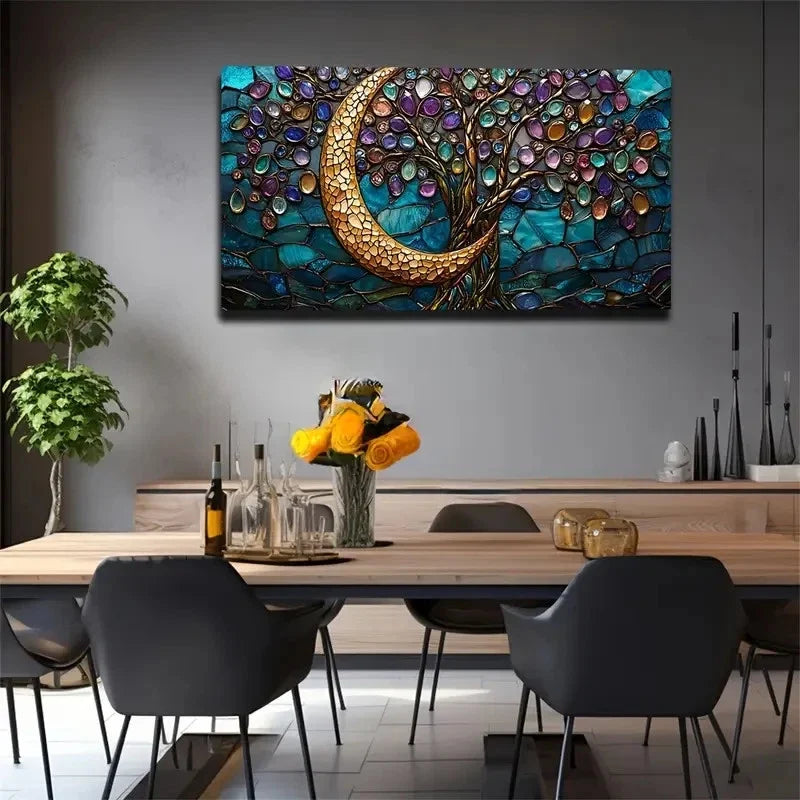 Golden Crescent Moon Lush Tree Wall Art Canvas Office Home Room Framed 120x60cm