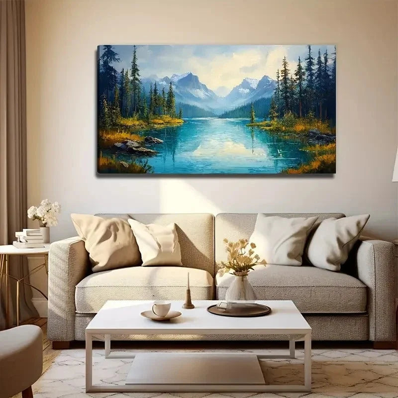 Pine Tree Lake Suitable Wall Art Canvas Office Home Room Framed 120x60cm
