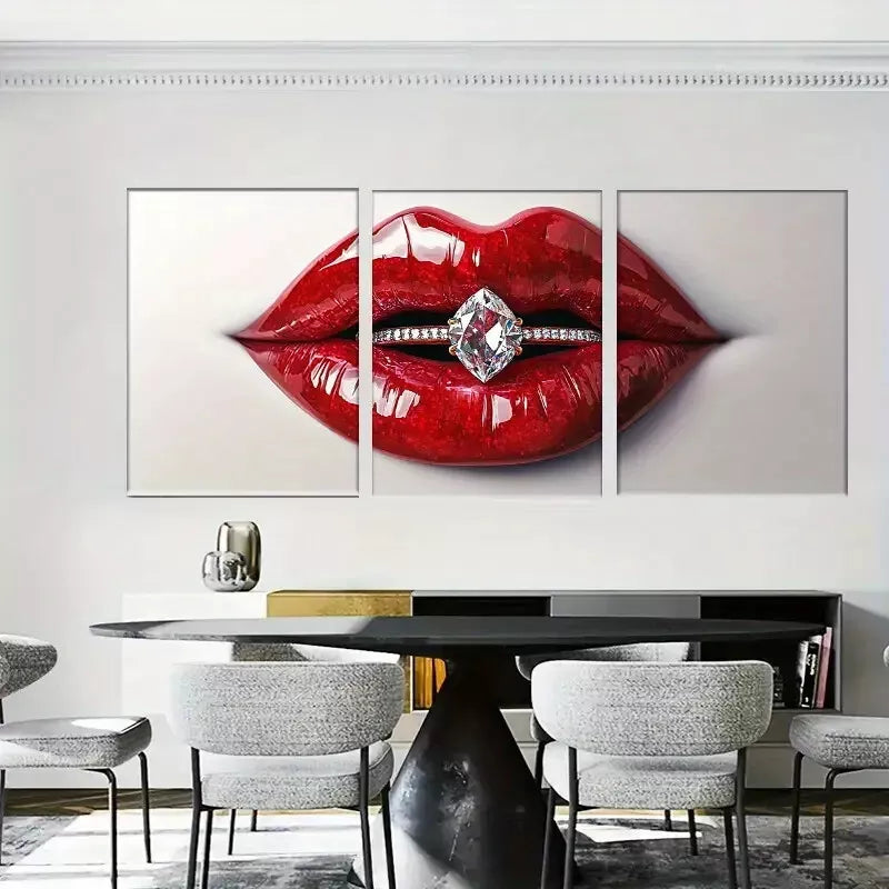 3pcs Glamorous Modern Red Lips with Diamond Rings Wall Art Set Canvas Framed 40x60cm - High Quality Print 100% Australian Made Wall Canvas Ready to Hang