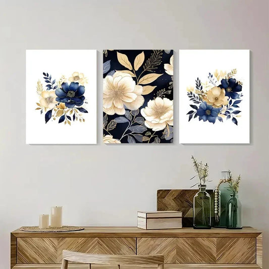 3pcs Navy Blue And Golden Vintage Metal Print Ready to Hang Art