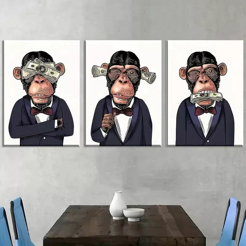 3pcs Modern Aesthetic Fashion Monkey Gentleman Wall Art Set Canvas Framed 40x60cm - High Quality Print 100% Australian Made Wall Canvas Ready to Hang