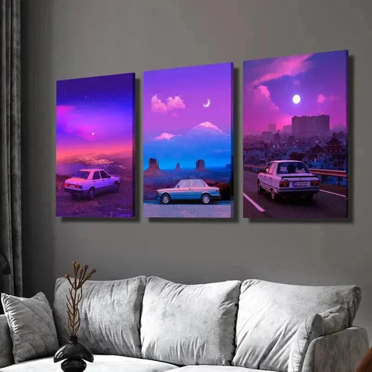 3pcs Classic Cars Moonlit Nights & Vibrant Skies Wall Art Set Canvas Framed 40x60cm - High Quality Print 100% Australian Made Wall Canvas Ready to Hang