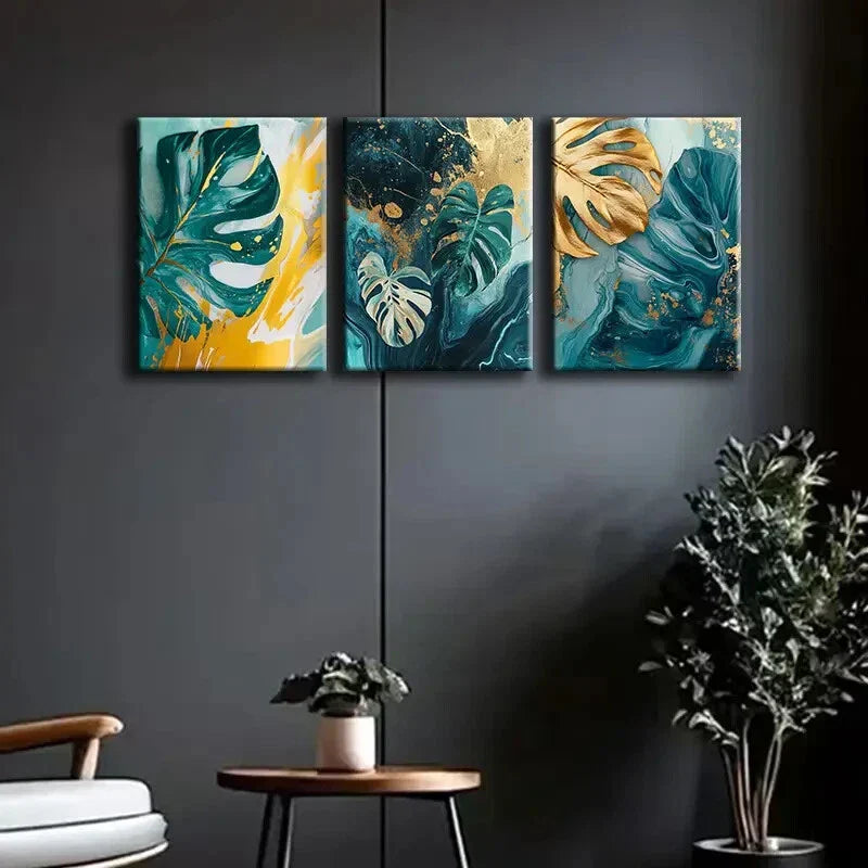 3pcs Colorful Teal and Golden Leaf Perfect Wall Art Set Canvas Framed 40x60cm - High Quality Print 100% Australian Made Wall Canvas Ready to Hang