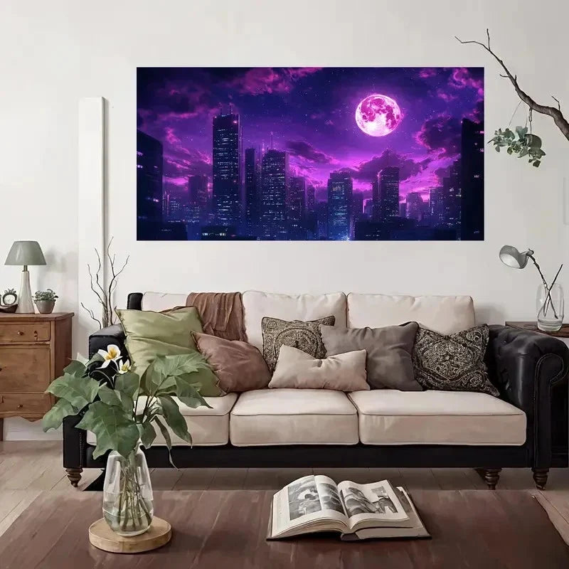 Purple Moon Night City Wall Art Canvas Office Home Room Framed 120x60cm
