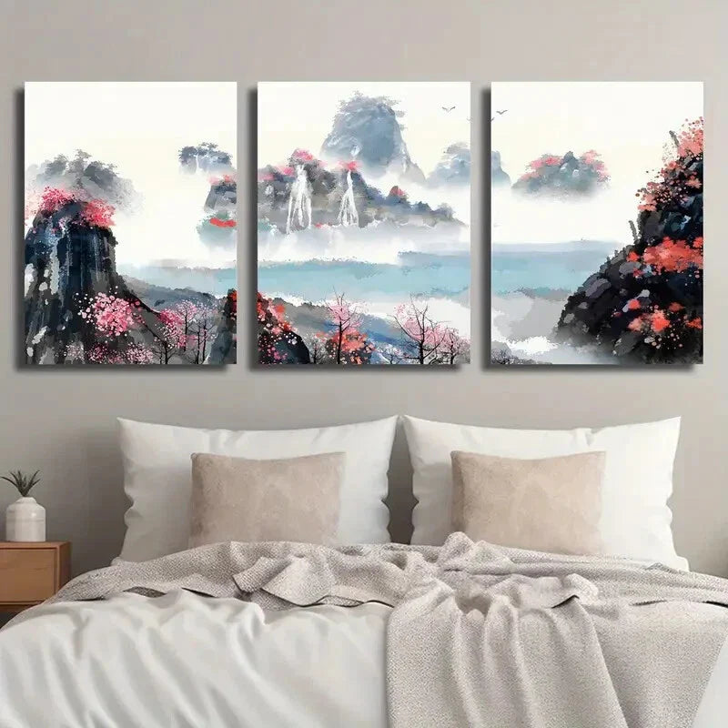 3pcs Japanese Mountains Landscape Wall Art Set Canvas Framed 40x60cm - High Quality Print 100% Australian Made Wall Canvas Ready to Hang