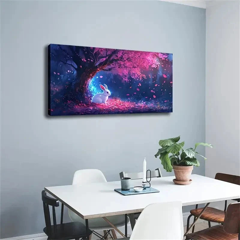 Rabbit Under Tree with Vibrant Wall Art Canvas Office Home Room Framed 120x60cm