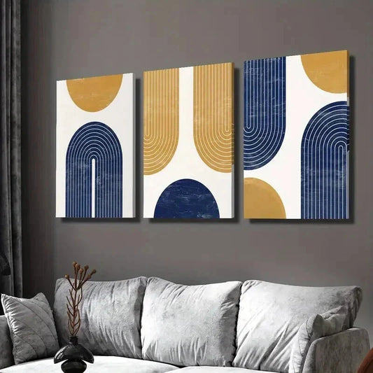 3pcs Golden Navy Blue Geometric Shapes & Lines Wall Art Set Canvas Framed 40x60cm - High Quality Print 100% Australian Made Wall Canvas Ready to Hang