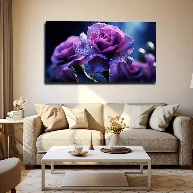 Vibrant Blue & Purple Rose Wall Art Canvas Office Home Room Framed 80x45cm