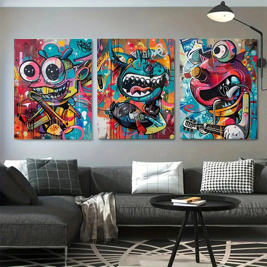 3pcs Vibrant Music Pop Guitar & Microphone Motifs Metal Print Ready to Hang Art