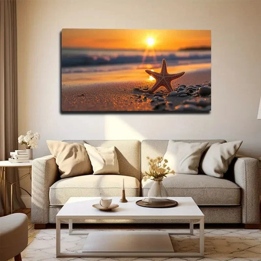 Sunset Beach With Starfish Wall Art Canvas Office Home Room Framed 80x45cm