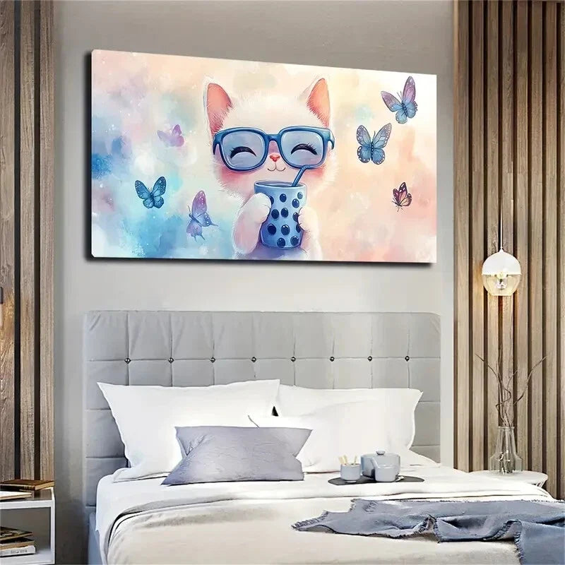 Whimsical White Kitten Glasses Wall Art Canvas Office Home Room Framed 120x60cm