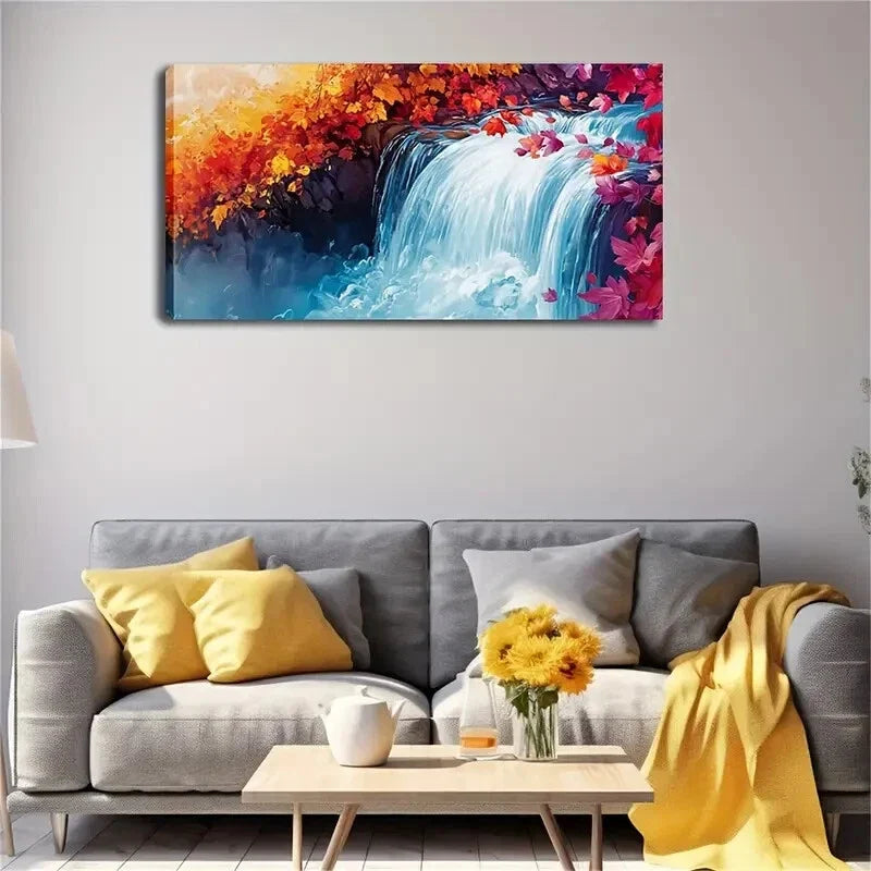 Vibrant Waterfall Scene Foliage Wall Art Canvas Office Home Room Framed 120x60cm