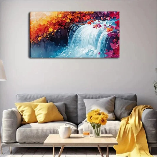 Vibrant Waterfall Scene Foliage Wall Art Canvas Office Home Room Framed 120x60cm
