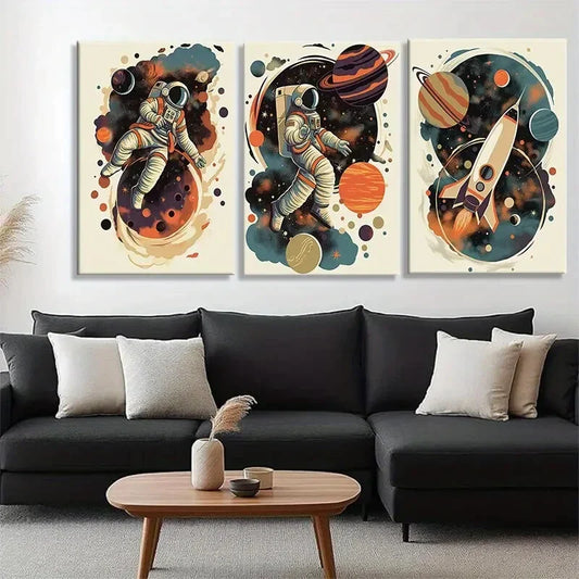 3pcs Retro Space Exploration Astronauts Perfect Wall Art Set Canvas Framed 40x60cm - High Quality Print 100% Australian Made Wall Canvas Ready to Hang