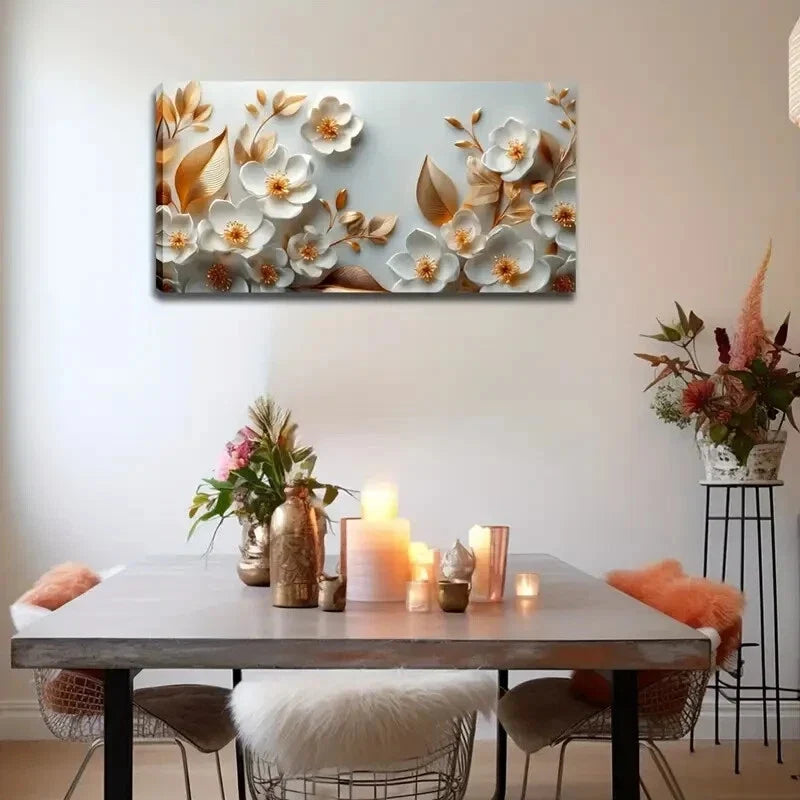 Elegant White Flowers Golden Wall Art Canvas Office Home Room Framed 120x60cm