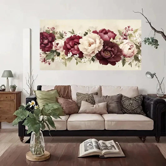 Vintage Peony Floral Wall Art Canvas Office Home Room Framed 80x45cm