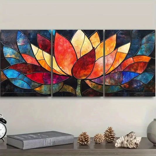 3pcs Vibrant Stained Glass Lotus Flower, Metal Print Ready to Hang Art