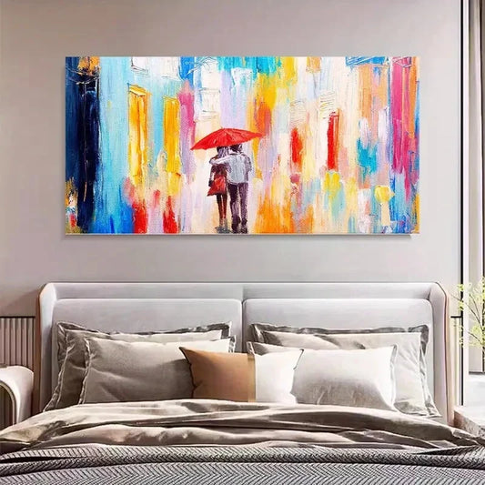 Couple Walking Red Umbrellas Wall Art Canvas Office Home Room Framed 120x60cm