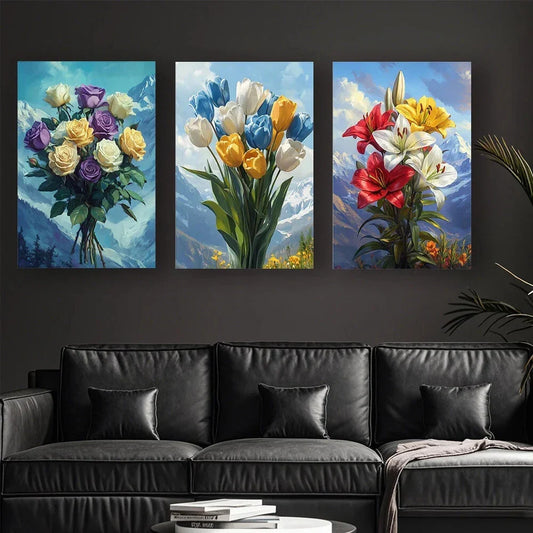 3pcs Multi-Color Flower Bouquet Metal Print Ready to Hang Art