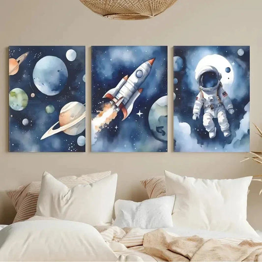 3pcs Astronaut, Planets & Rocket Watercolor Metal Print Ready to Hang Art