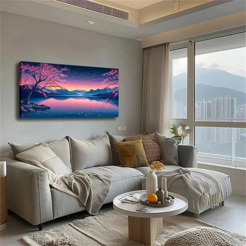 Pink Sakura Trees Starry Night Wall Art Canvas Office Home Room Framed 120x60cm