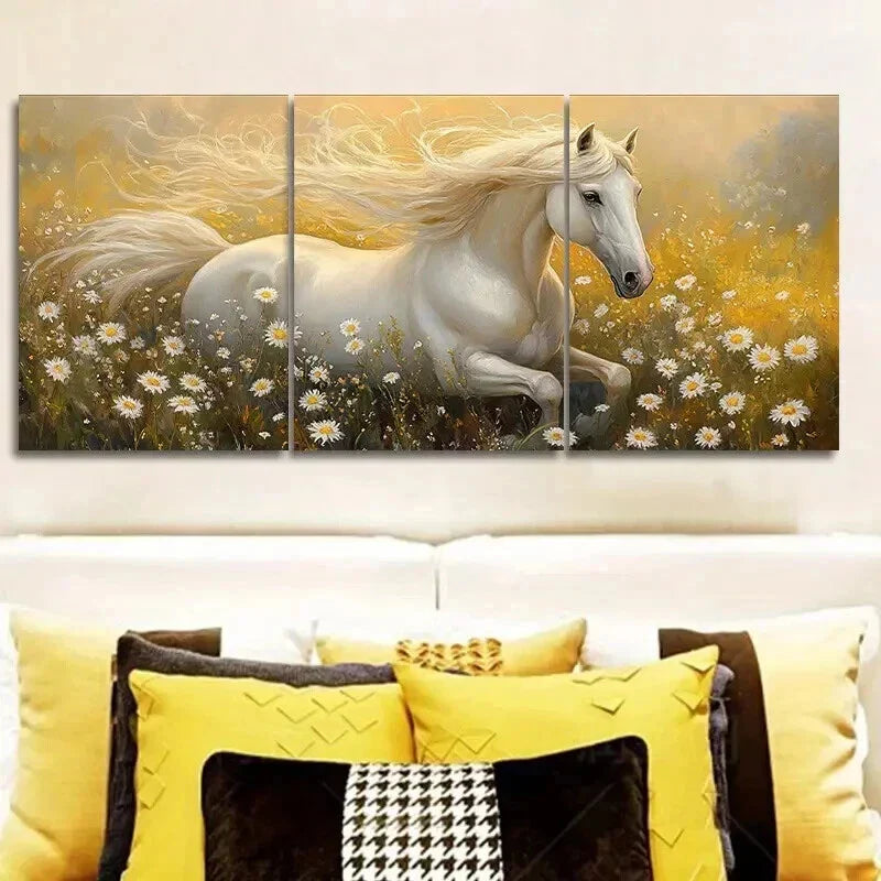 3pcs White Horse Running in Meadow Wall Art Set Canvas Framed 40x60cm - High Quality Print 100% Australian Made Wall Canvas Ready to Hang
