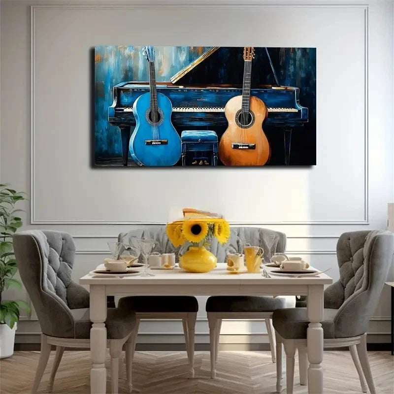 Realistic Blue & Brown Guitars Wall Art Canvas Office Home Room Framed 120x60cm