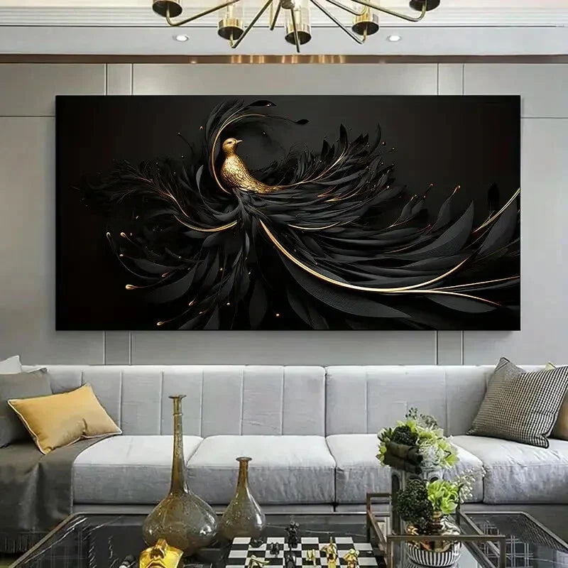 Bird & Black Golden Abstract Wall Art Canvas Office Home Room Framed 120x60cm