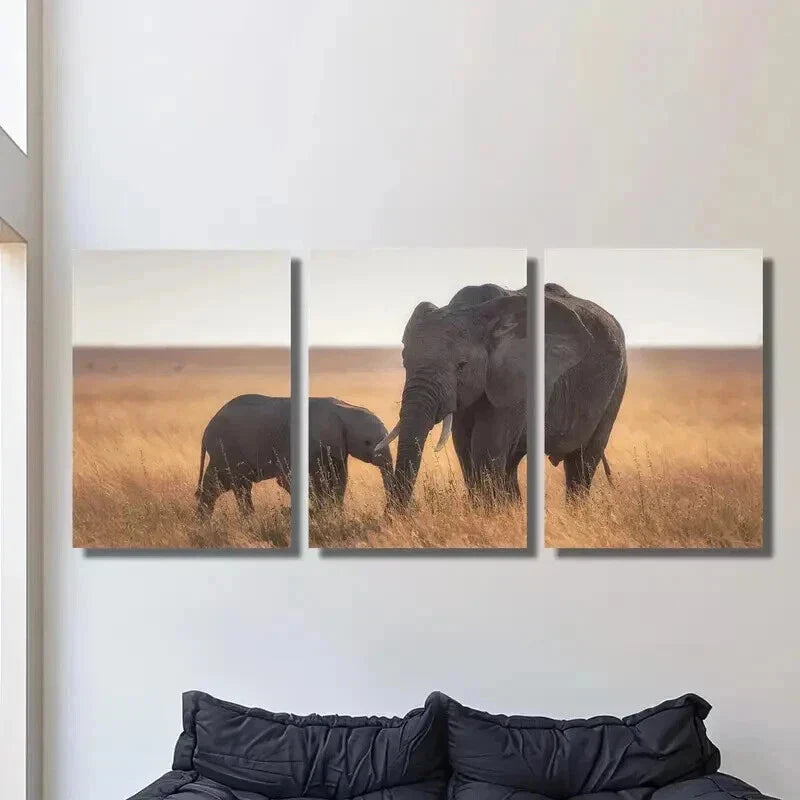 3pcs Elephant and Baby Elephant Wildlife Wall Art Set Canvas Framed 40x60cm - High Quality Print 100% Australian Made Wall Canvas Ready to Hang