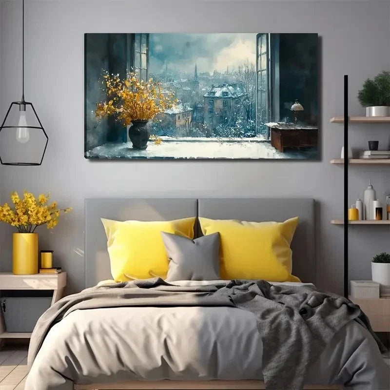 Vibrant Cityscape With Yellow Wall Art Canvas Office Home Room Framed 80x45cm