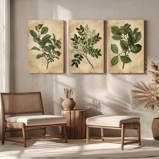 3pcs Green Leaves Antique Botanical Book Metal Print Ready to Hang Art