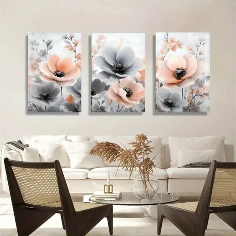 3pcs Elegant Pink & Gray Flower Designs Perfect Wall Art Set Canvas Framed 40x60cm - High Quality Print 100% Australian Made Wall Canvas Ready to Hang