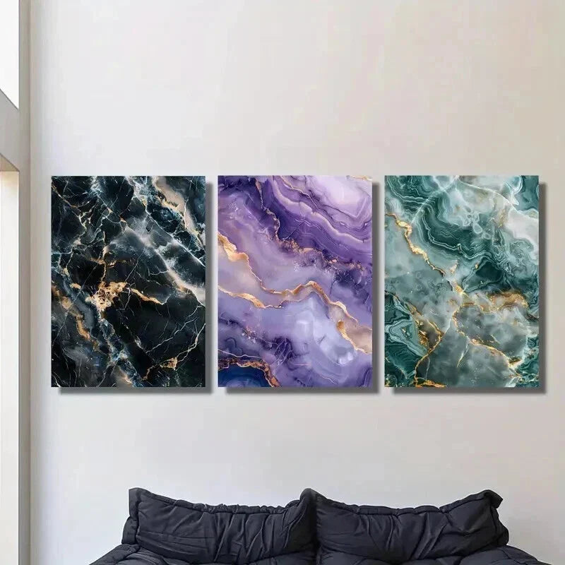 3pcs Gold Black Purple & Blue Marble Texture Wall Art Set Canvas Framed 40x60cm - High Quality Print 100% Australian Made Wall Canvas Ready to Hang