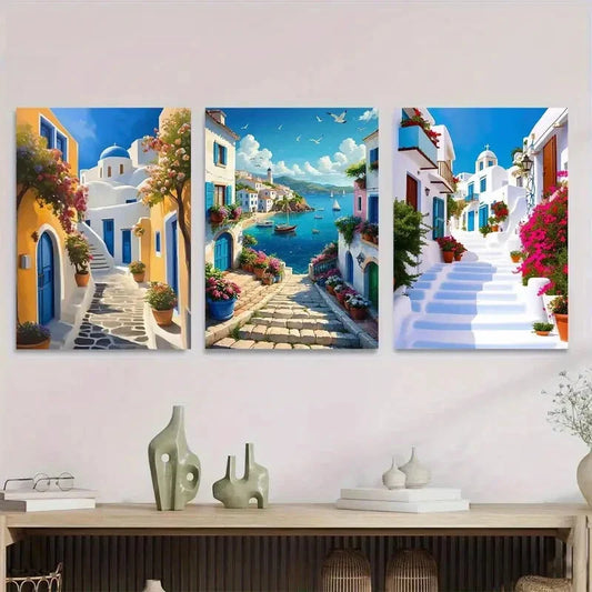 3pcs Vibrant White & Blue Greek Island Metal Print Ready to Hang Art
