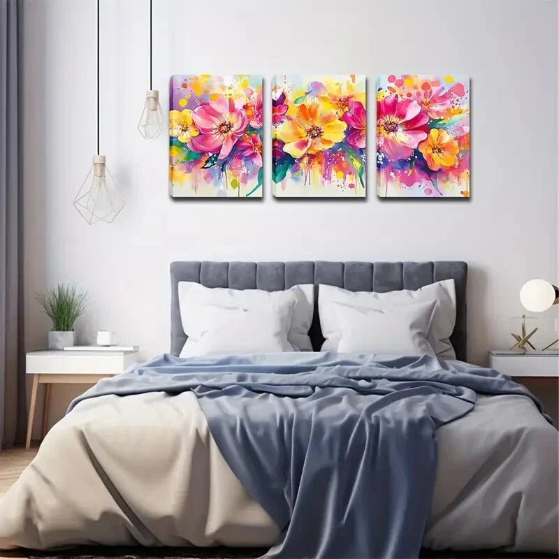 3pcs Bright Colors Splash Flower Wall Art Set Canvas Framed 40x60cm - High Quality Print 100% Australian Made Wall Canvas Ready to Hang