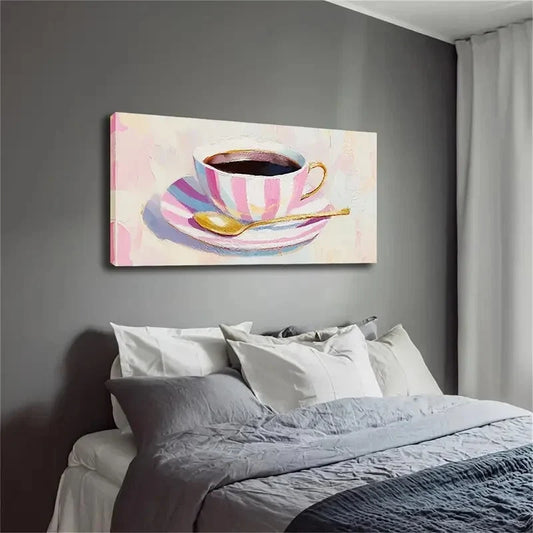 Pink & White Dark Drinks Cup Wall Art Canvas Office Home Room Framed 120x60cm